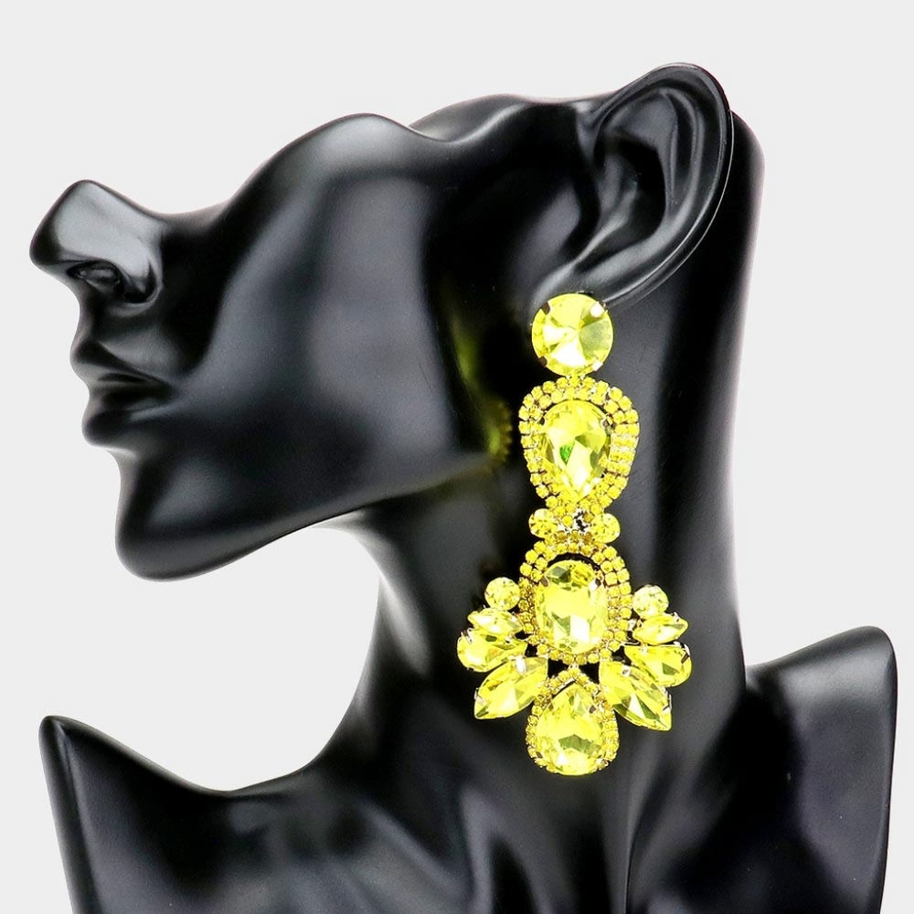 Yellow Rhinestone Crystal Dangle Earrings 3.5 Inch Statement Teardrop Evening